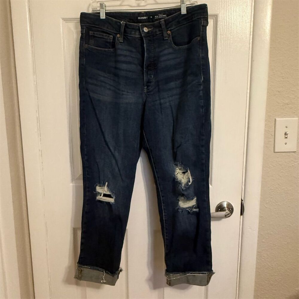 Old Navy Women's High-Rise Straight Jeans Size 12 Dark Blue Distressed